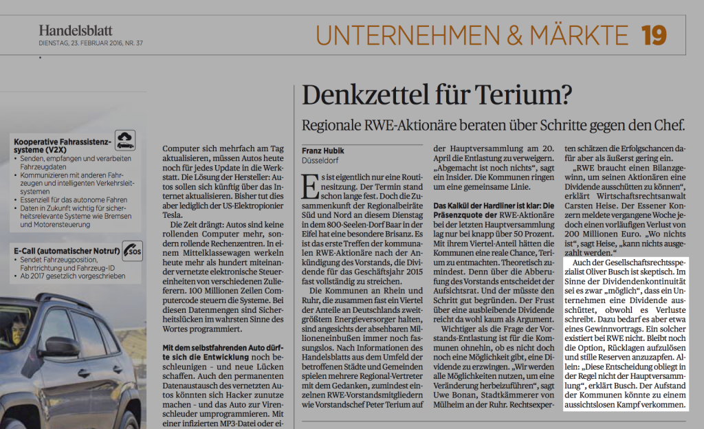 RA Busch im Handelsblatt des 23.02.2016